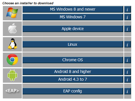 A list of installers, by operating system, is offered, from which you can choose one to download