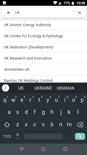 Typing 'UK' results in a list of institutions whose name begins with 'UK', including 'UK Research and Innovation'